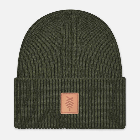 Oversized Cuffed Beanie Leather Patch | Olive Green